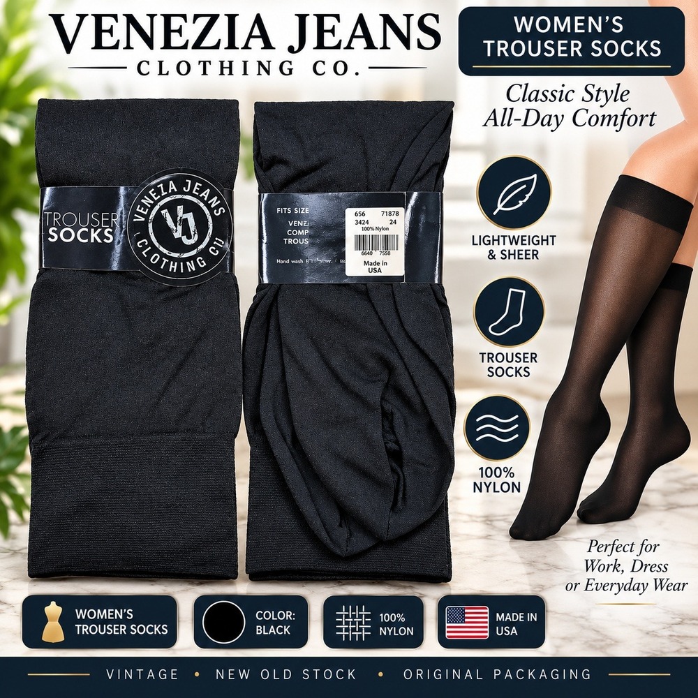 Venezia Jeans Womens Trouser Socks Black 100% Nylon Sheer Knee High Vintage USA